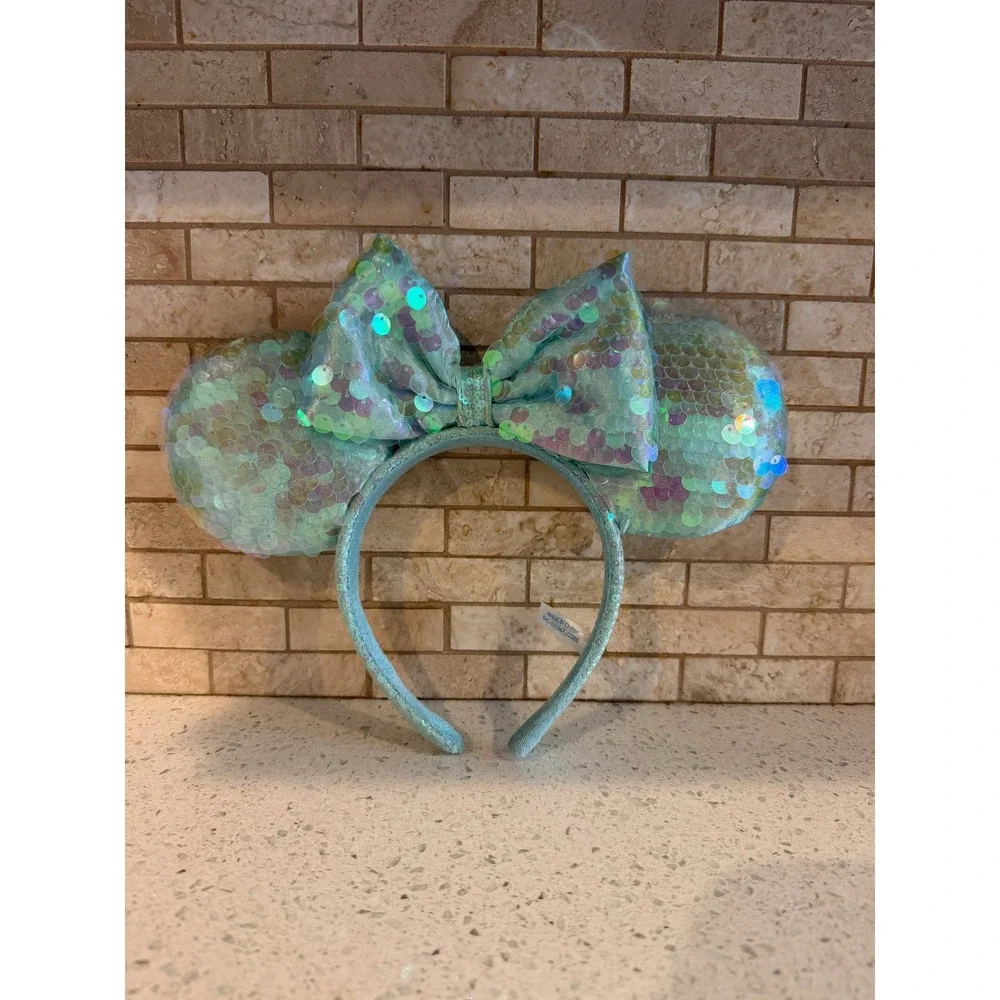 Disney Parks Minnie Mouse Headband Iridescent Mermaid Sequins Mint Green OSFM